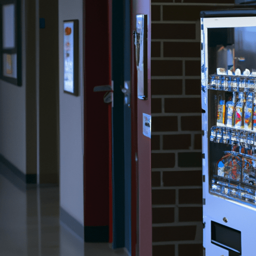 vending machine in a school hallway next to a door