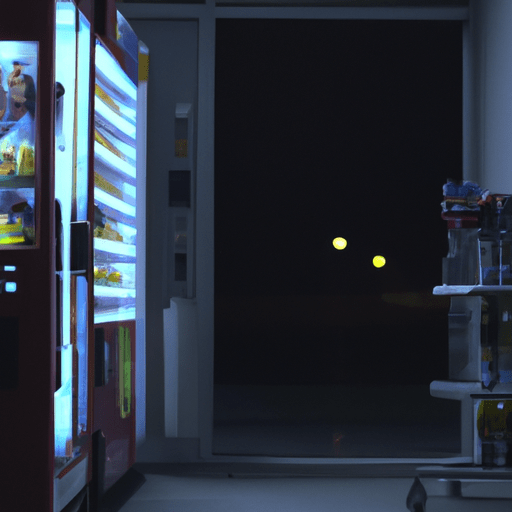 vending machine with snacks and bottles of water in a laundromat at night