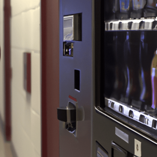 vending machine in a school hallway next to a door