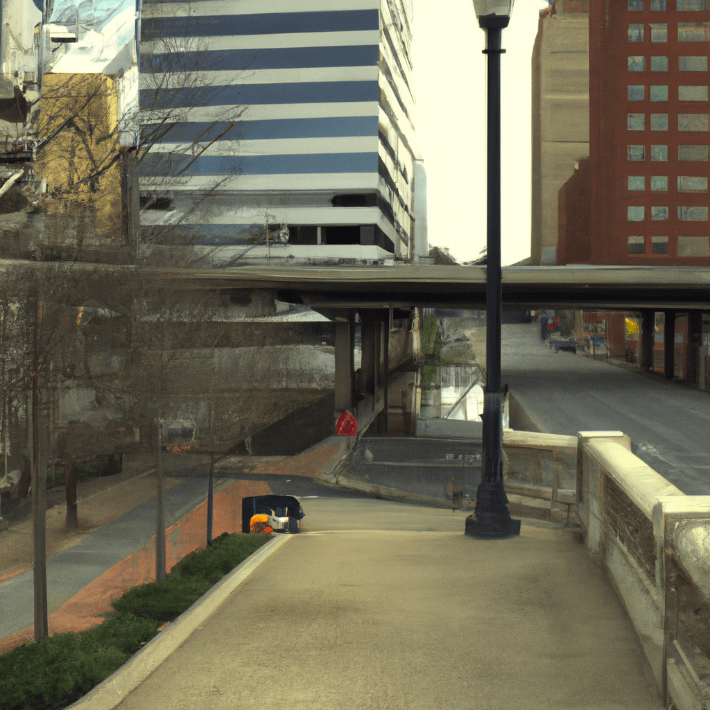 downtown city street with sidewalks in Richmond, Virginia, add pine trees and a bridge with water underneath