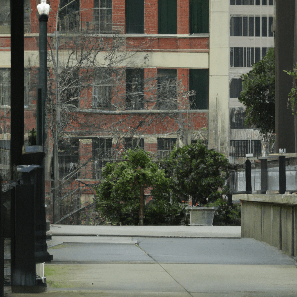 street with sidewalks in downtown Richmond, Virginia, add pine trees and a bridge